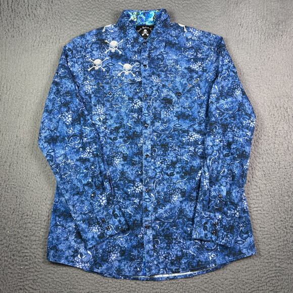 Rock Roll n Soul Shirt Mens L Blue Floral Pearl Snap Western Skull Flip Cuff - Picture 2 of 9